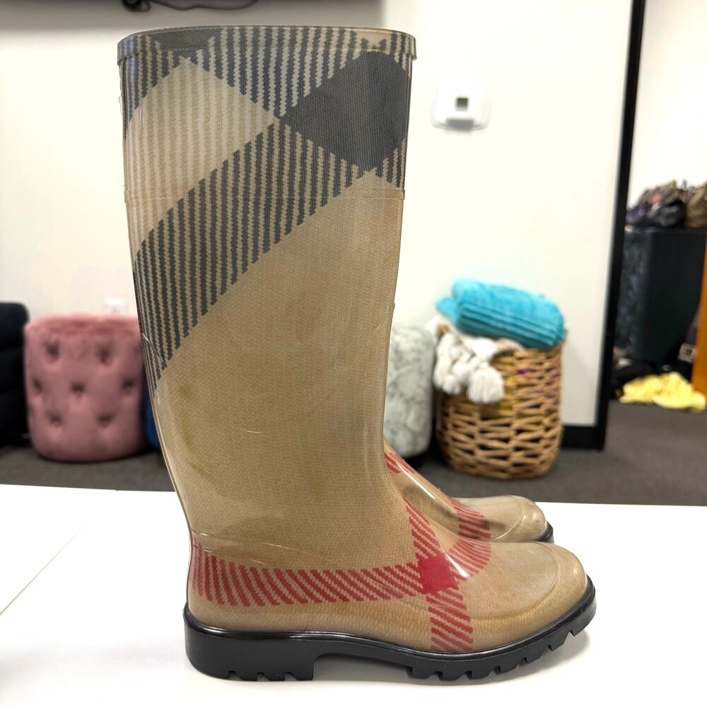 Burberry House Check All Rubber Rain Boots Mid Calf Beige Plaid Wellies Sz 36